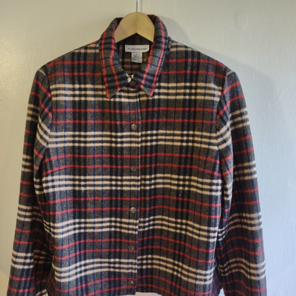Vintage Evan Picone Plaid Jacket Wool Blazer Logo Snaps Boho Classic Women 14/16 - Picture 2 of 9